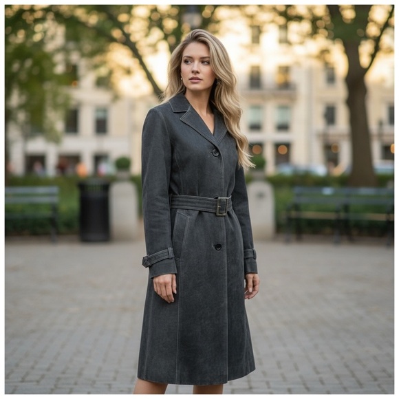 Tryst Women’s Full-Length Dark Gray Leather Trench Coat. Small - Picture 12 of 12